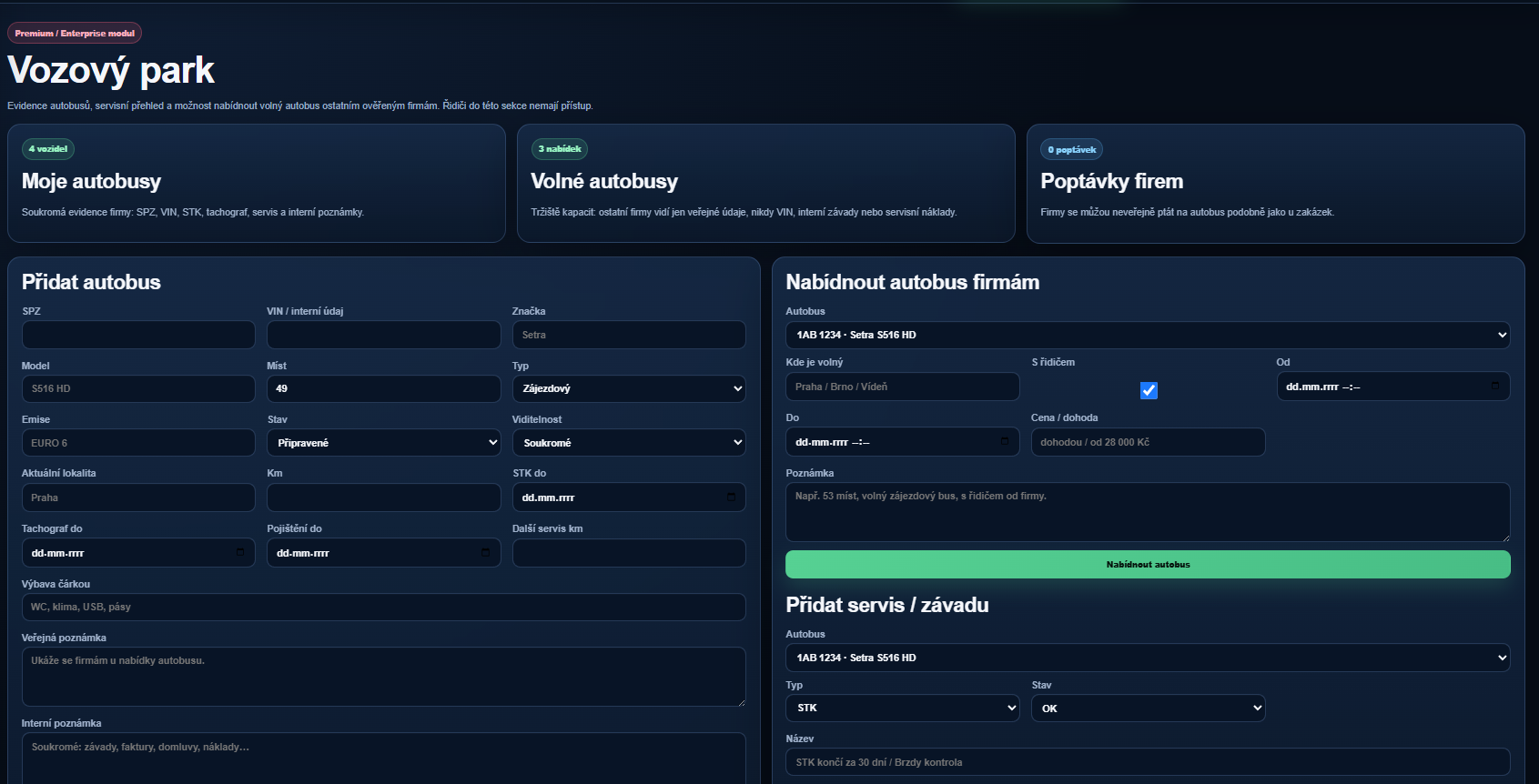 Screenshot vozového parku v BusHubu